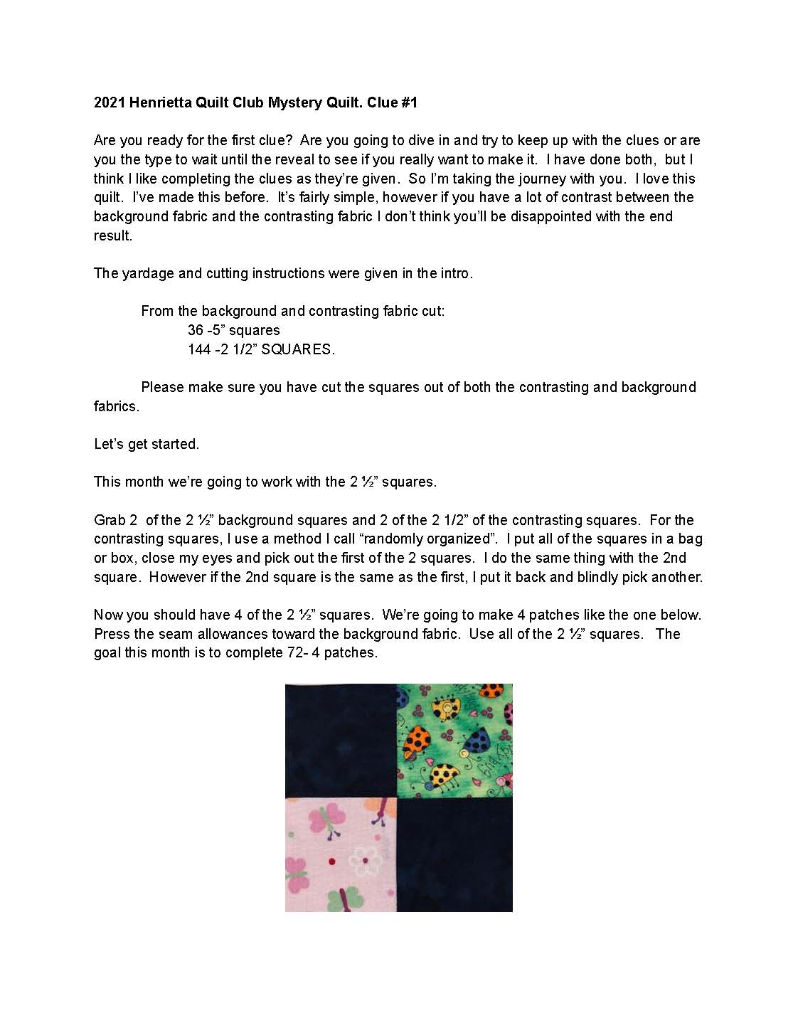 2021 Mystery Quilt Clue 1 Henrietta Quilt Club